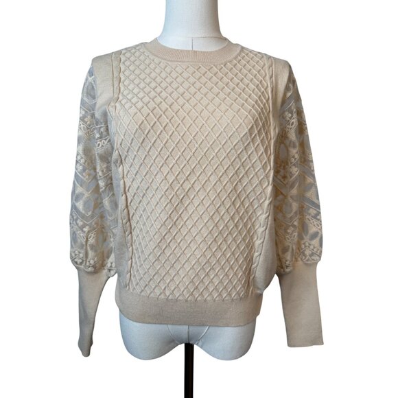 2/$30 Calligraphie M NWOT Beige Knit Sweater Intricate Lace Sleeves - Picture 1 of 13
